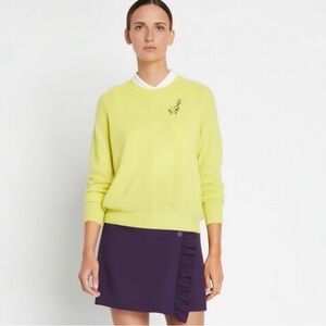 Tory Burch Cashmere Yellow Crewneck Sweater with Subtle Embroidery